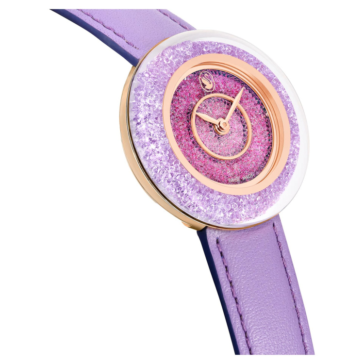 Crystalline lustre watch Swiss Made, Leather strap, Purple, Rose gold-tone finish